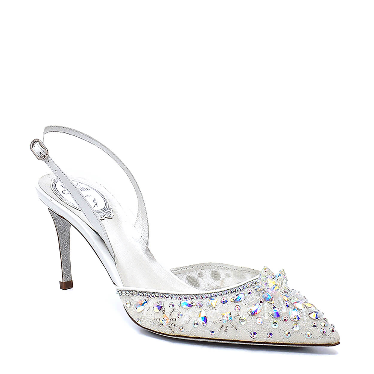 Rene Caovilla - White Crystal Embellished Lace and Leather Slingback Pumps 39